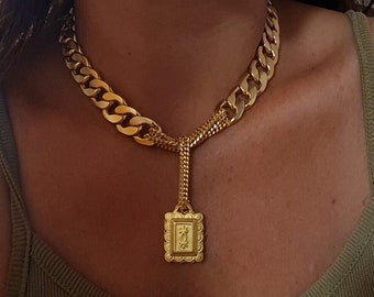 Gold Chunky Coin Necklace, Bold Gold chain pendant, Statement Gold Necklace, Gold Coin Necklace, Chunky Links Rectangle Disc Necklace