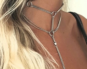 Silver Chain Choker, silver lariat Necklace, silver link necklace