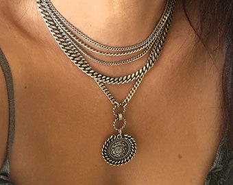 Silver Layer Necklace, Statement Layered Necklace, Layer Necklace, Multi Layer Necklace, Multi Strand Jewelry, Coin Necklace Gift For Her