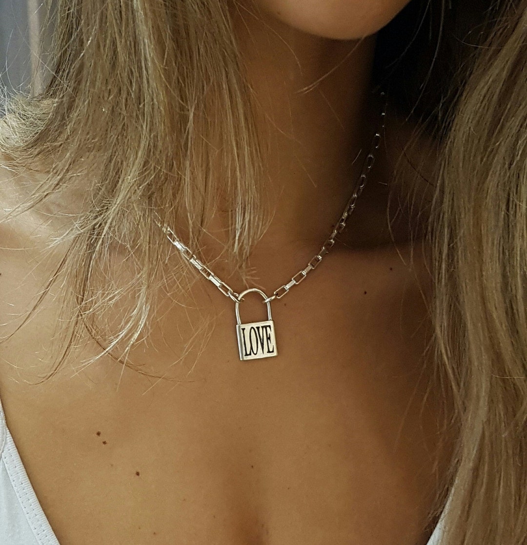 Engraved Locking Necklace Sterling Silver Padlock Necklace Sterling