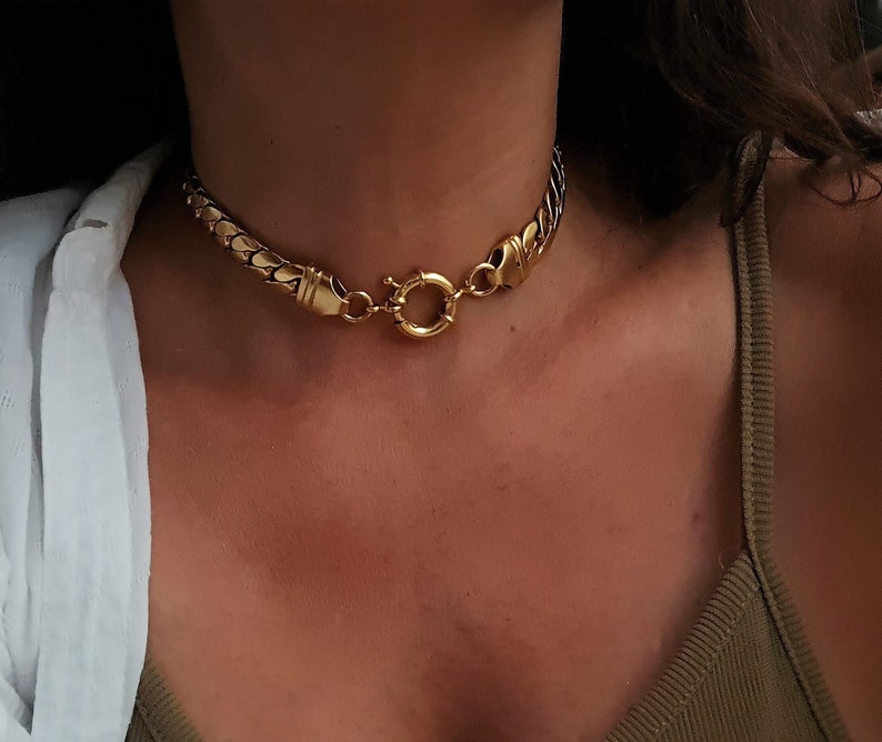 Gold Chain Choker, Chunky Choker Necklace, Thick Snake Necklace, Bold Chain Choker, flat chain necklace, Gold Chain Collar, Gift for wife image 2