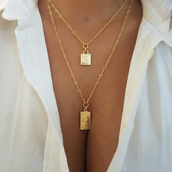 Layered 2 in 1 Necklace Rectangle Medallion Necklace Layer Necklace Set Thin Chain Necklaces in Gold Filled Double Strand Necklace Etsy
