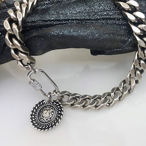 Oxidized Silver-Plated Brass Coin Necklace: Chunky Cuban Link Carabiner Lock