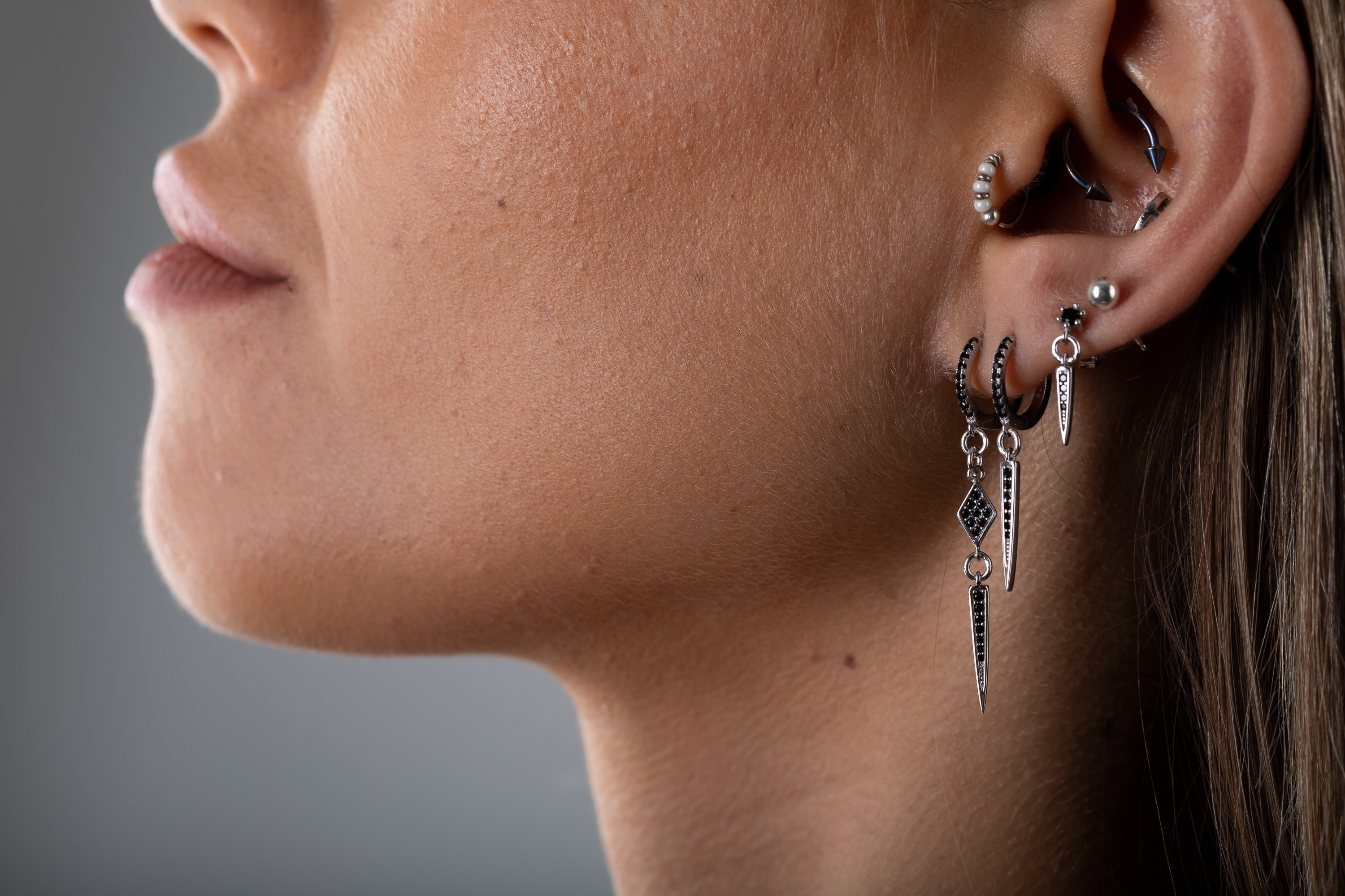 Dangle stack earrings, sterling hoop Earrings set, spike stacking Earrings for everyday, dangling earrings, grunge, goth, gothic earrings