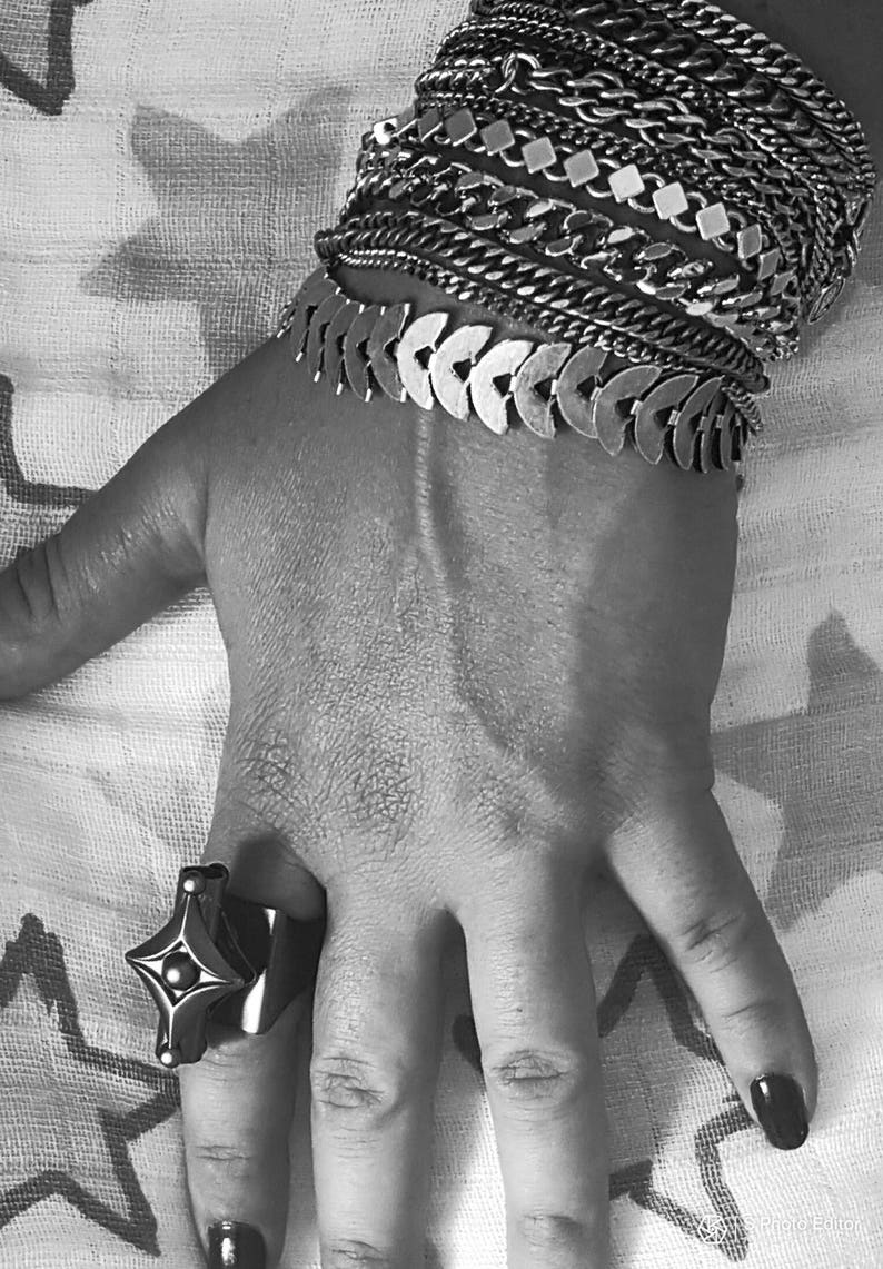 statement link bracelet,boho chic bracelet,layer rocker bracelet multi line bracelet set wide chains bracelet silver wrap chains bracelet