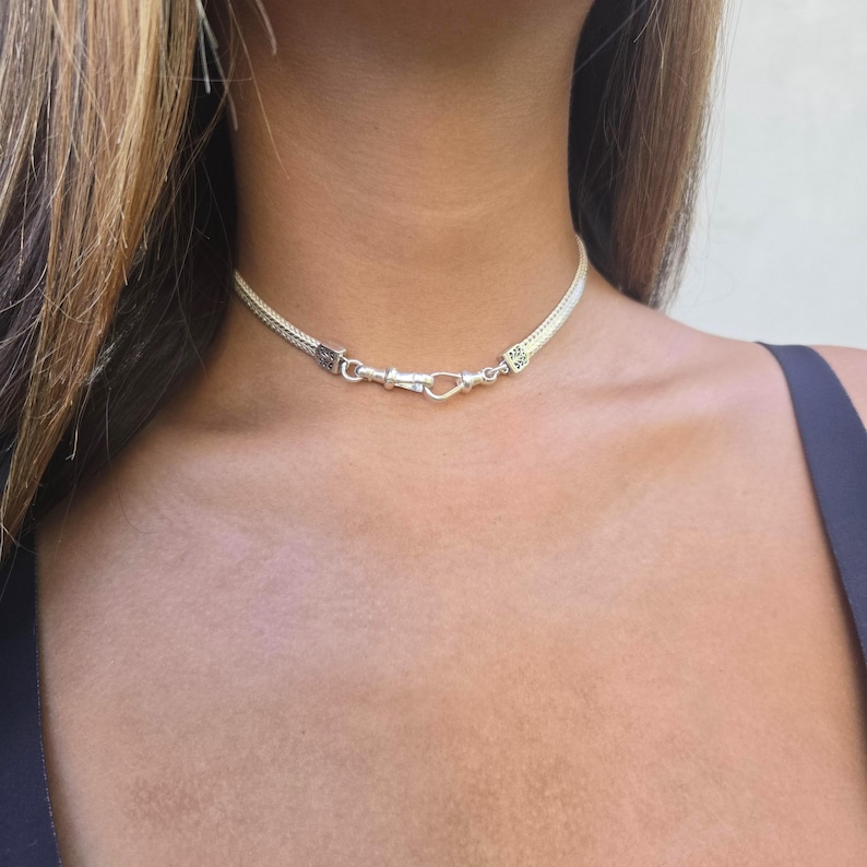 Silver 925 Herringbone Swivel Clasp Choker Collar: Carabiner Locking Collar