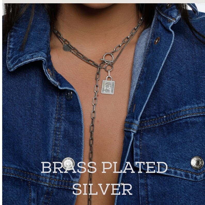 Lariat necklace: Layering paperclip necklace set with square coin pendant - Gift-for-women