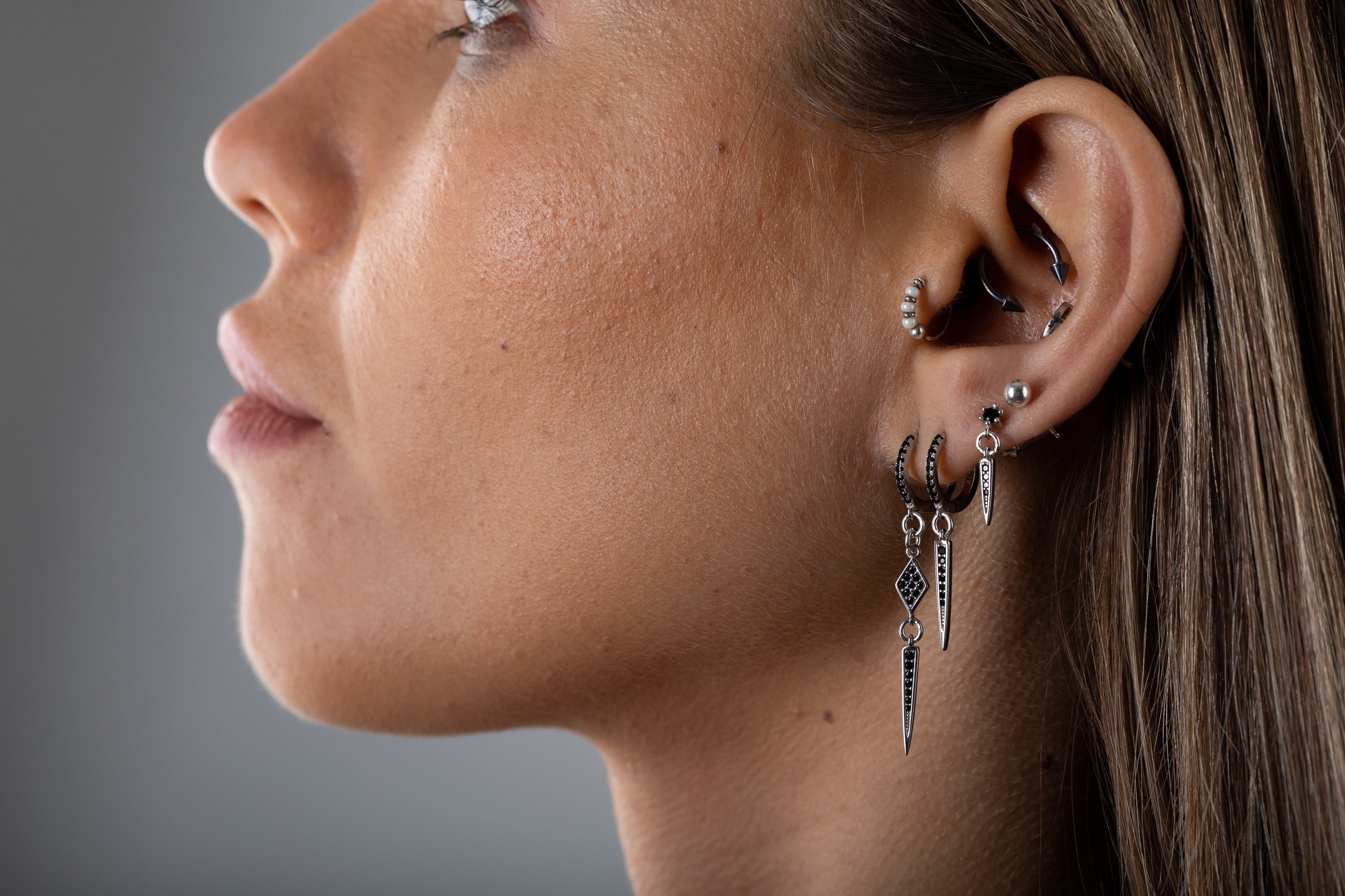 Dangle stack earrings, sterling hoop Earrings set, spike stacking Earrings for everyday, dangling earrings, grunge, goth, gothic earrings