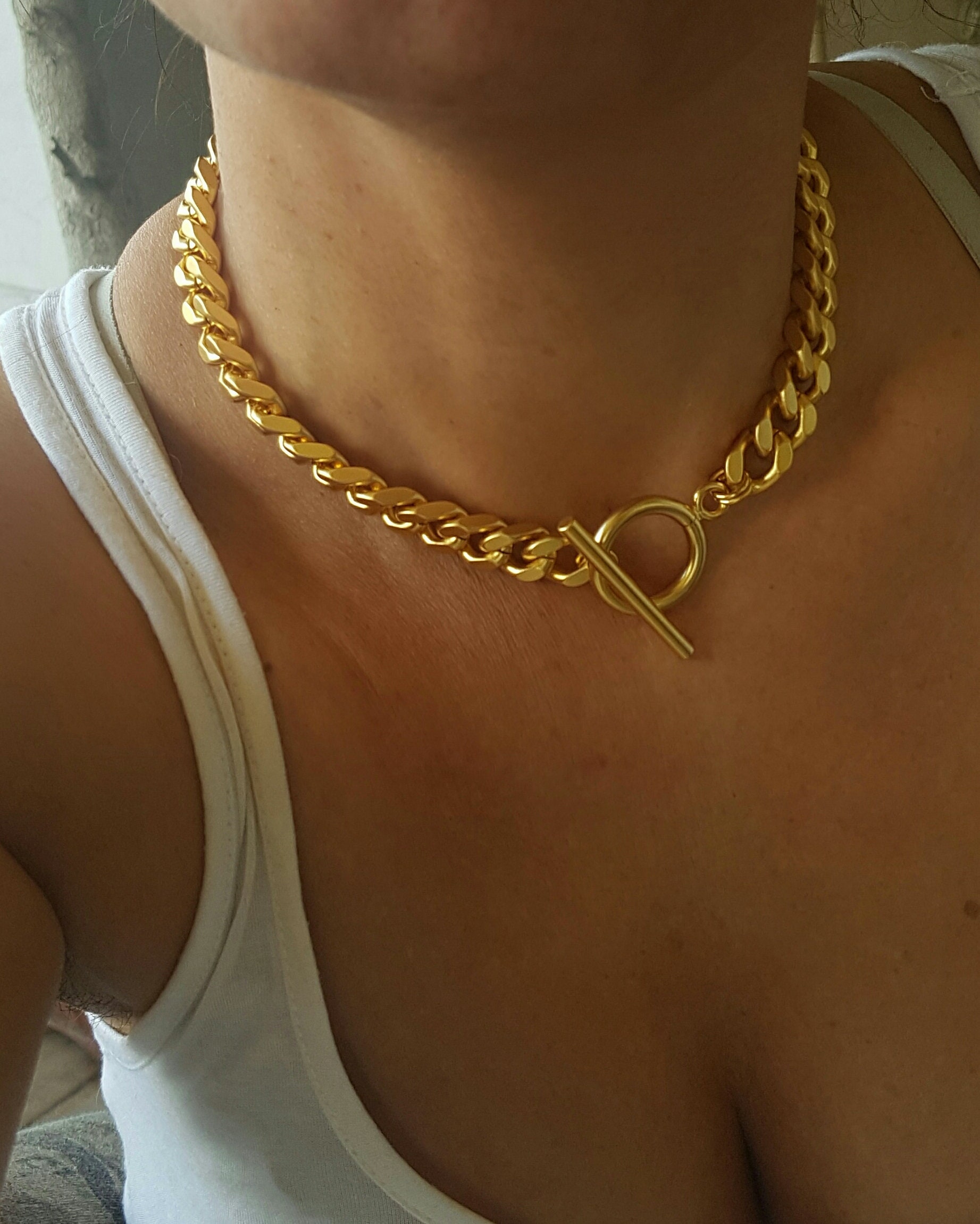 Silver Toggle Clasp Necklace for Women, Thick Link Chain