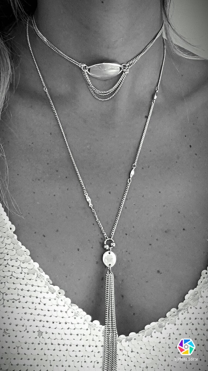 Silver layer necklace long dainty necklace initial disc Etsy
