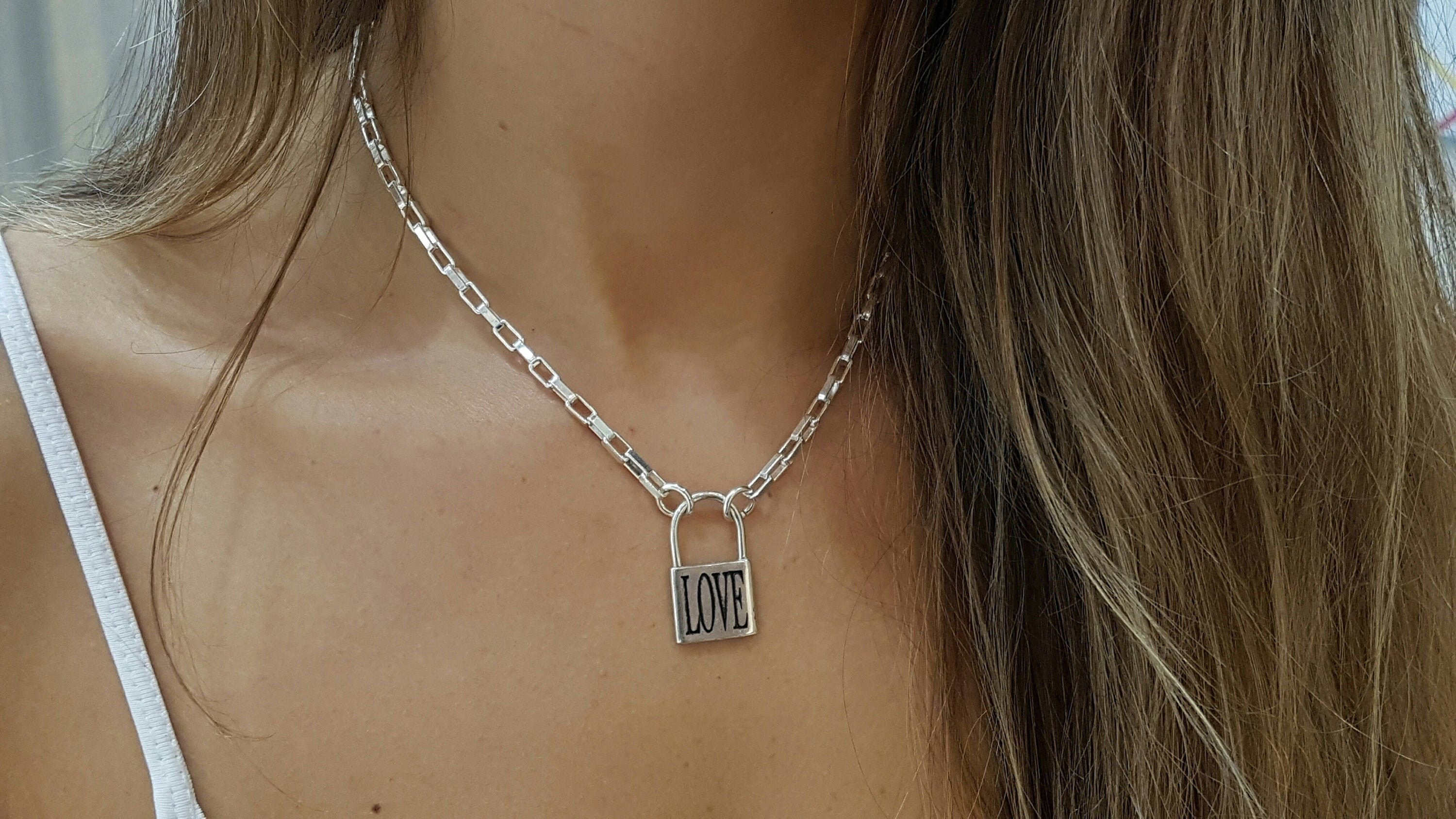 Engraved Locking Necklace Sterling Silver Padlock Necklace Etsy