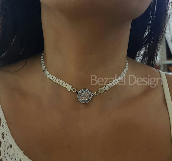ネックレス・チョーカー Silver Coin/Round/Medallion & Circle Chain Necklace/Choker Silver Coin Choker - Silver Chain Choker - Sterling Silver