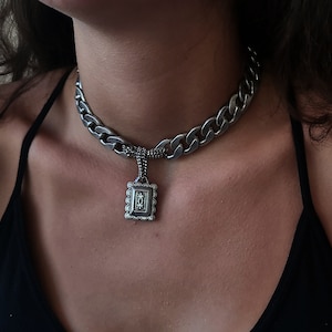 Oxidized Silver Coin Pendant Necklace: Chunky Curb Chain Goth Jewelry