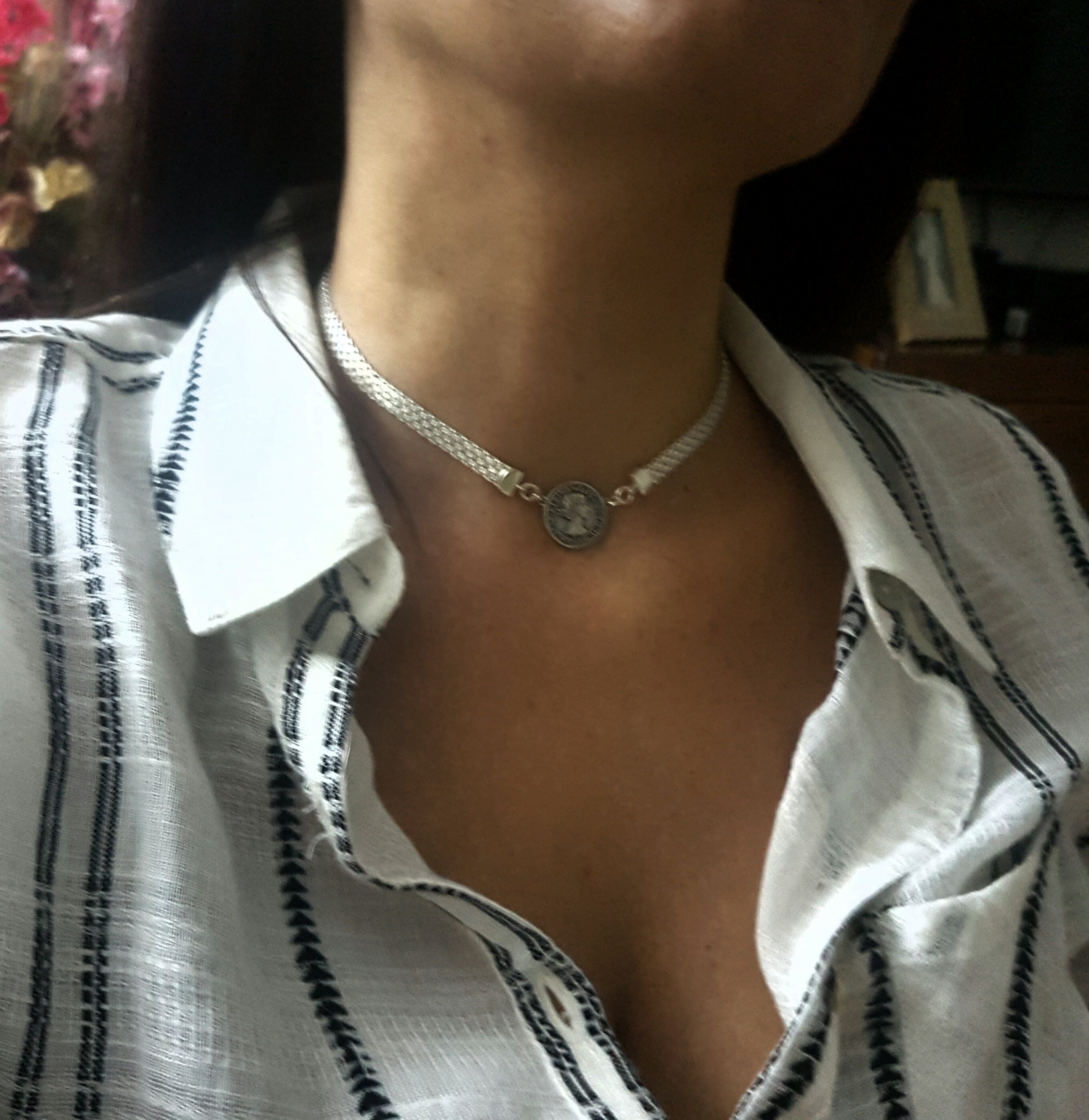 ネックレス・チョーカー Silver Coin/Round/Medallion & Circle Chain Necklace/Choker Silver Coin Choker - Silver Chain Choker - Sterling Silver