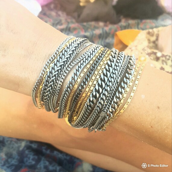 statement link bracelet,boho chic bracelet,layer rocker bracelet multi line bracelet set wide chains bracelet silver wrap chains bracelet