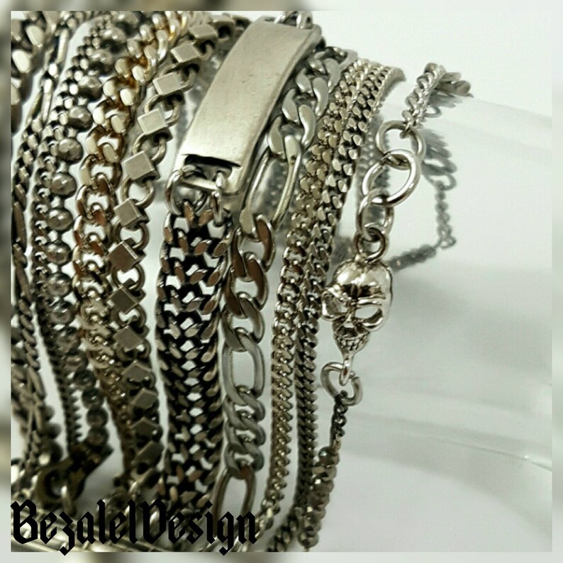 Multi Strand Chains Bracelet Silver Chunky Bracelet Engraved Etsy