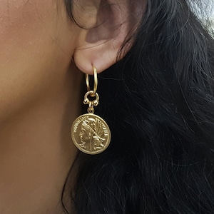 Gold Coin Earrings, dangle pendant hoops Earrings, boho, bohemian jewelry for everyday,  statement unique earrings