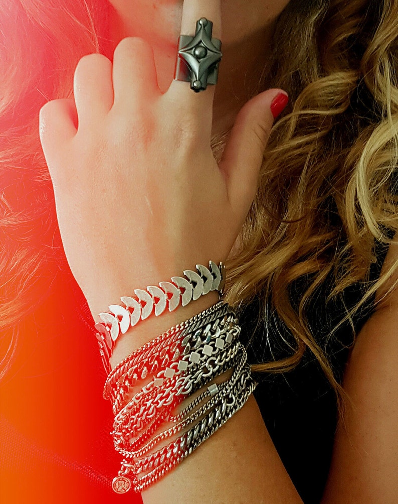 statement link bracelet,boho chic bracelet,layer rocker bracelet multi line bracelet set wide chains bracelet silver wrap chains bracelet
