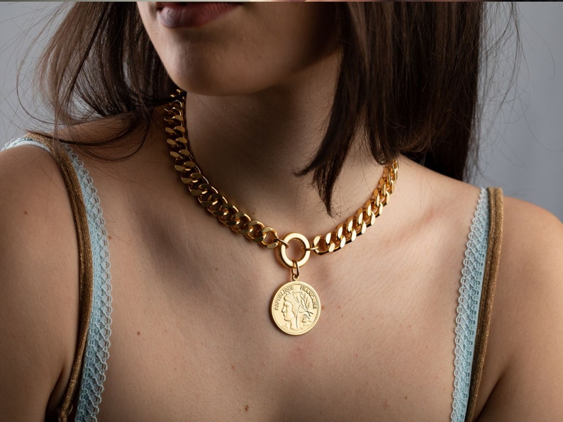 Gold Coin Necklace Coin Pendant Necklace Statement Chic Etsy Israel
