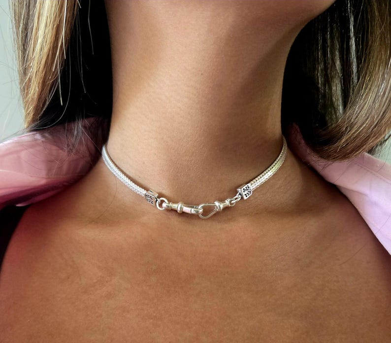 Choker necklace: Flat snake chain Necklace shaped front double swivel clasp - STERLING SILVER 925