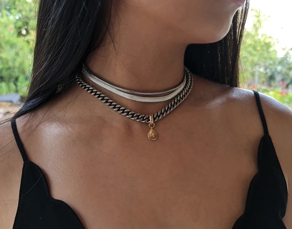 Layered Necklace Set - Mixed Metal Jewelry - Layering Tear Drop Charm Holder - Silver Gold