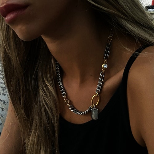 Chunky Link Necklace - Curb Chain Necklace - Statement Link Necklace, Personalized Disc Necklace, Gold Silver shops Mixed Necklace - Disc Necklace