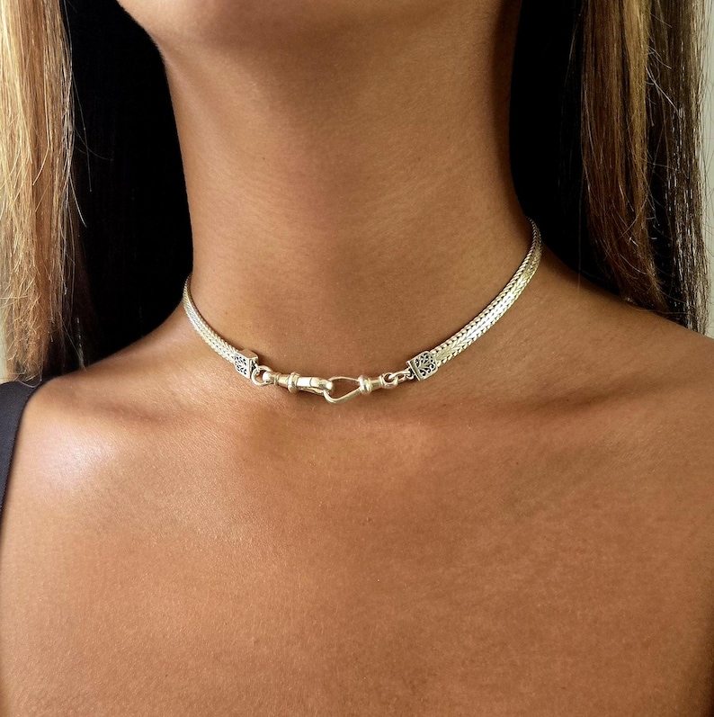 Choker Collar: Sterling silver herringbone chain shaped front double swivel clasp image 14
