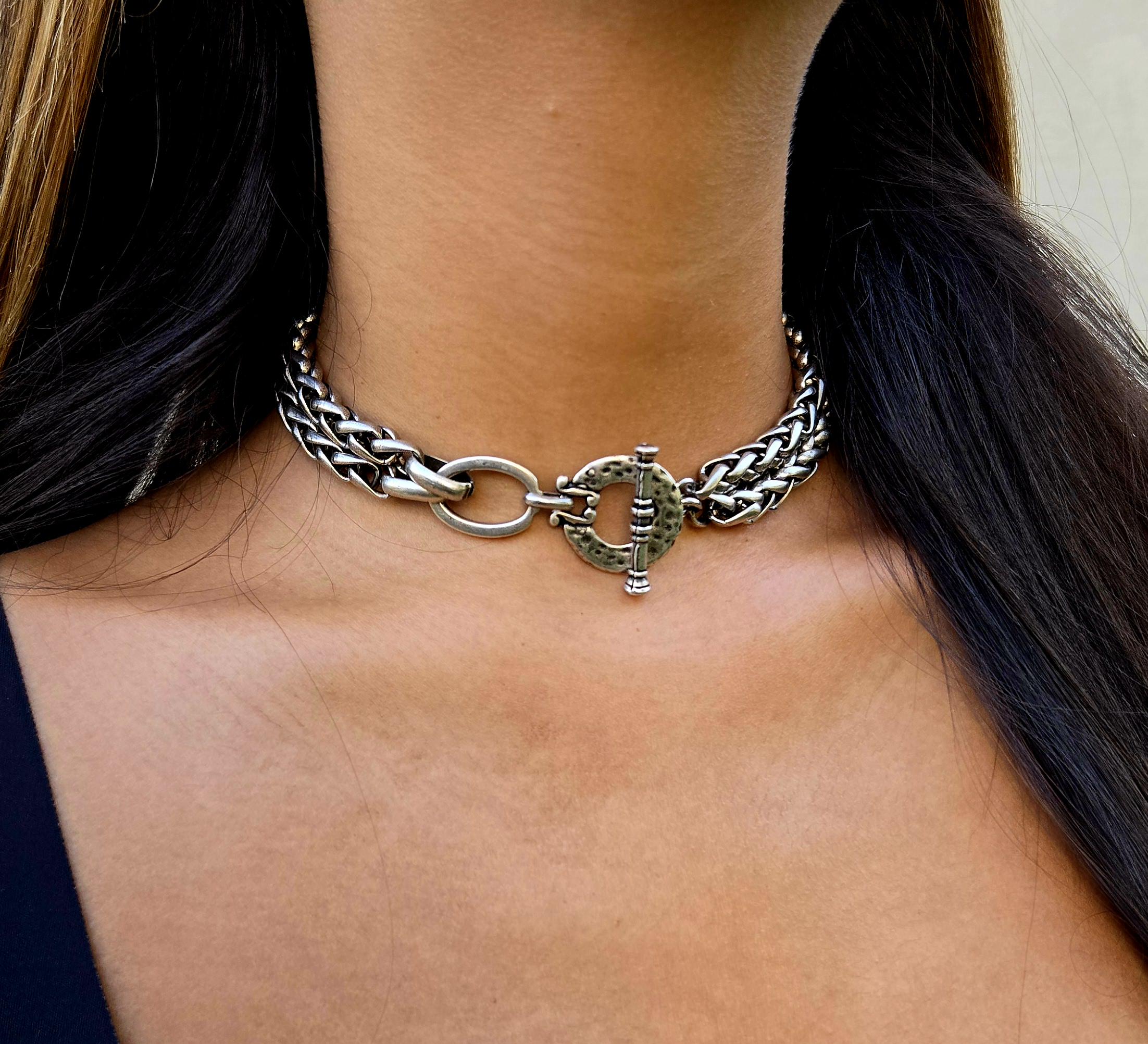 Chunky Choker Necklace: Double Foxtail Chain With Front Toggle