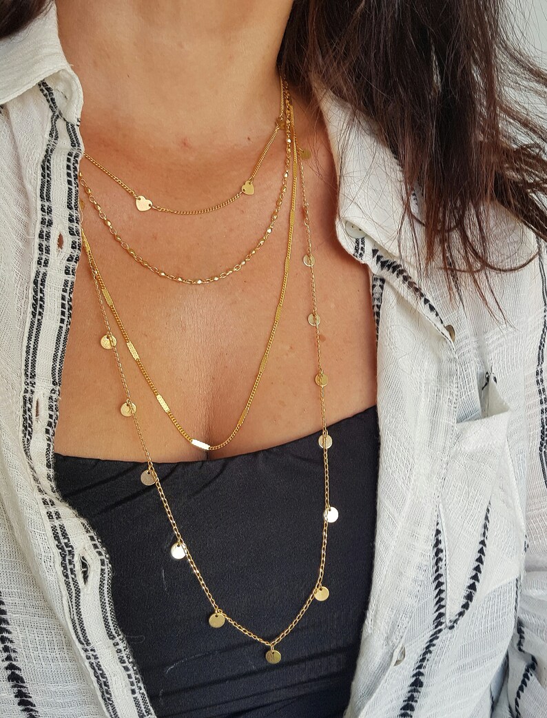 4 Delicate Pieces Layer gold layering necklace set of 4 necklace dainty layer charm necklace long dangle coin necklace