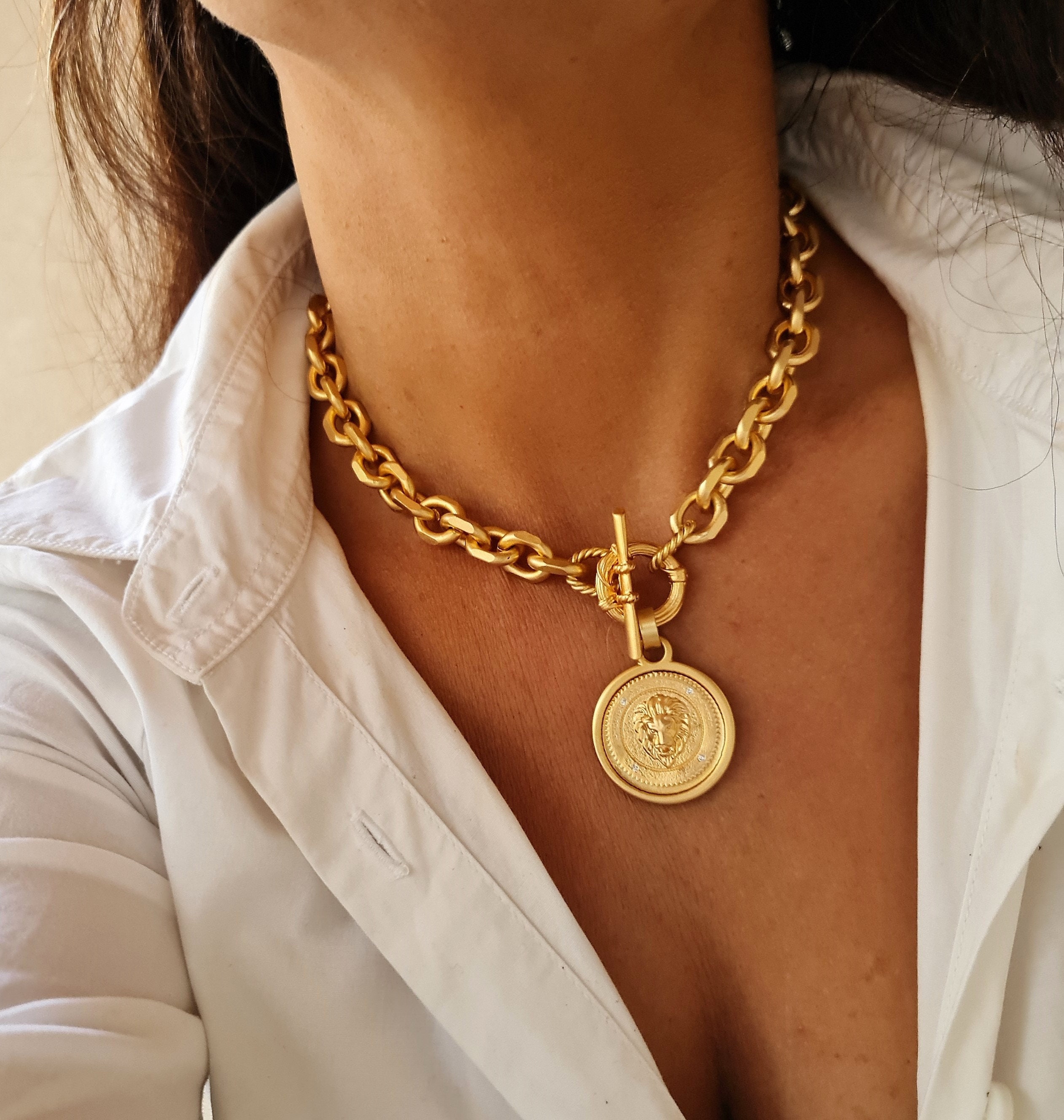 Matte Gold Lion Coin Necklace: Chunky Link Chain Statement Jewelry