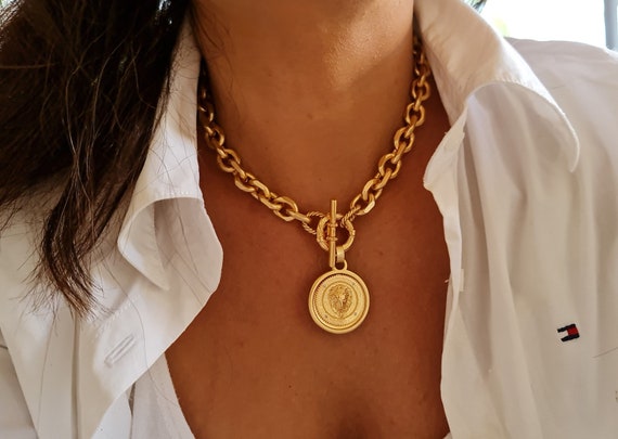 Gold Toggle Chain Necklace With Lion Coin Chunky Statement Leo