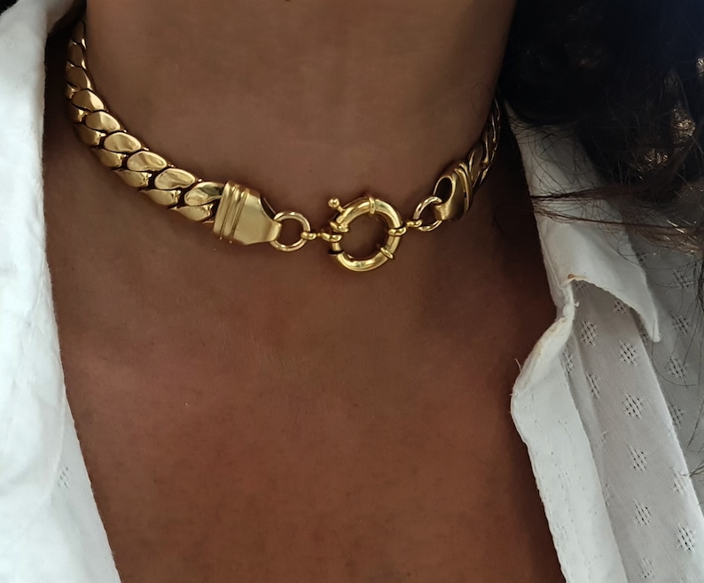 Gold Chain Choker, Chunky Choker Necklace, Thick Snake Necklace, Bold Chain Choker, flat chain necklace, Gold Chain Collar, Gift for wife image 4