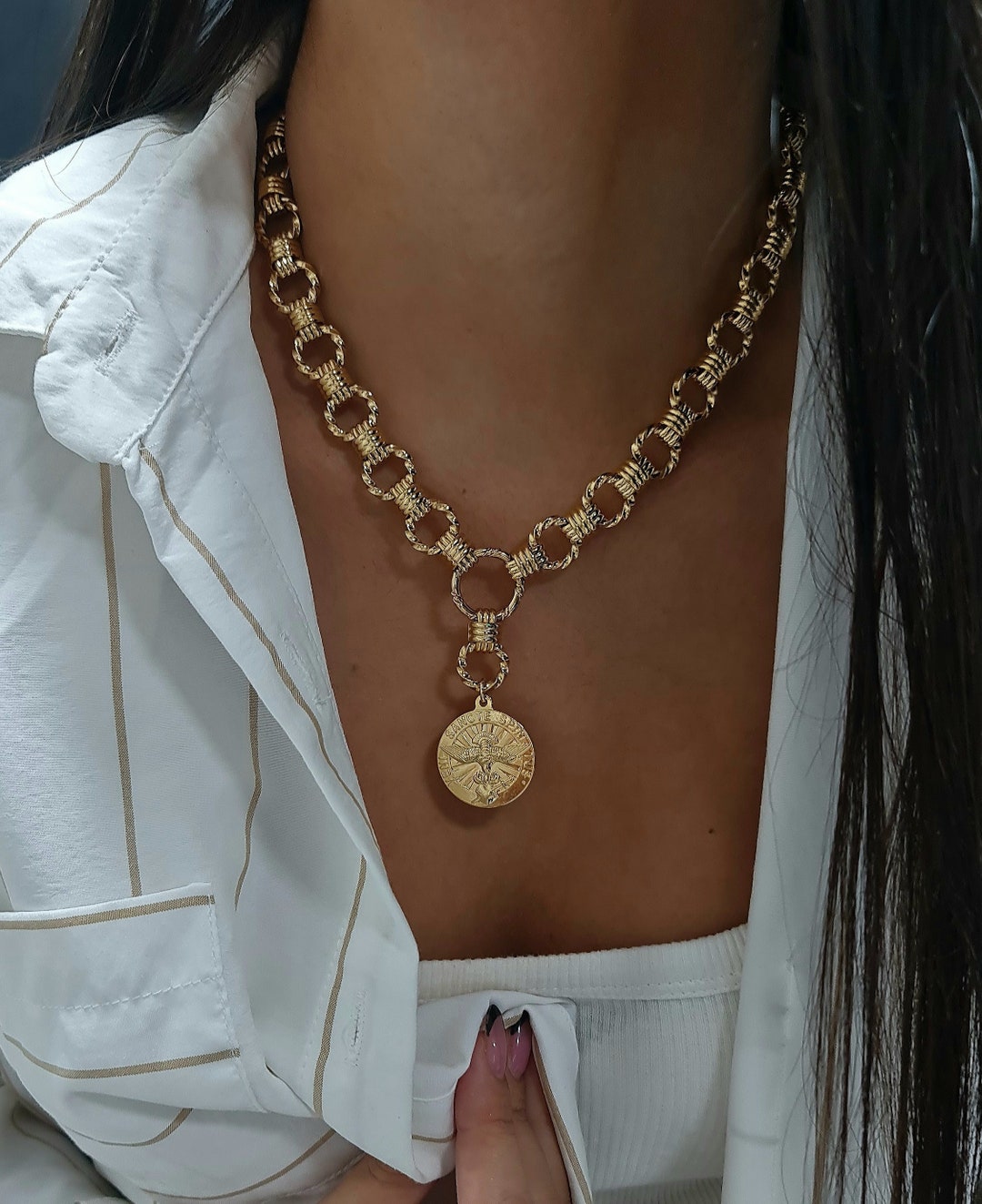 Eagle Necklace Gold Coin Necklace, Chunky Gold Necklace, Circle Link ...