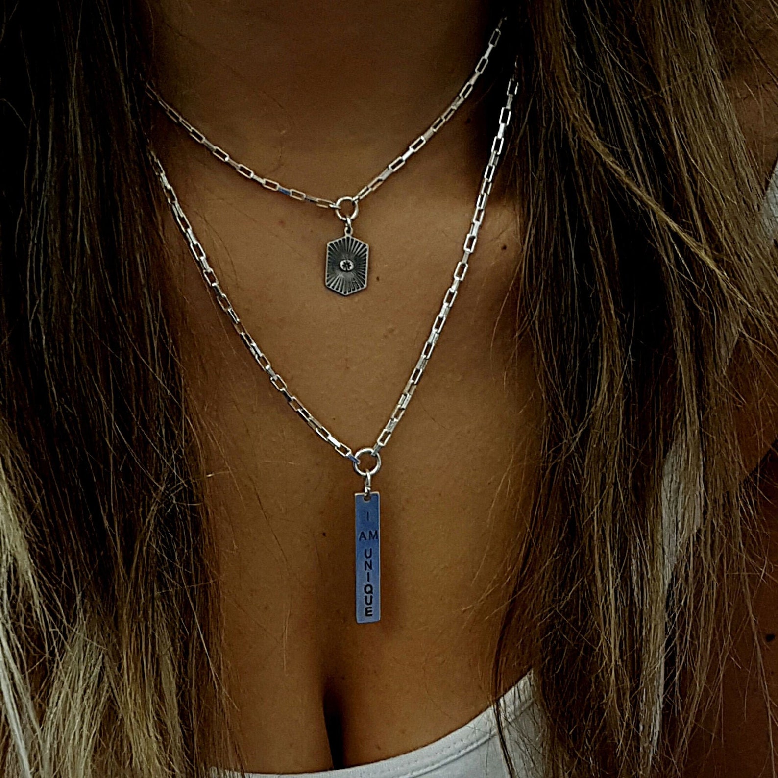 Silver Bar Necklace Vertical bar necklace layered link Etsy