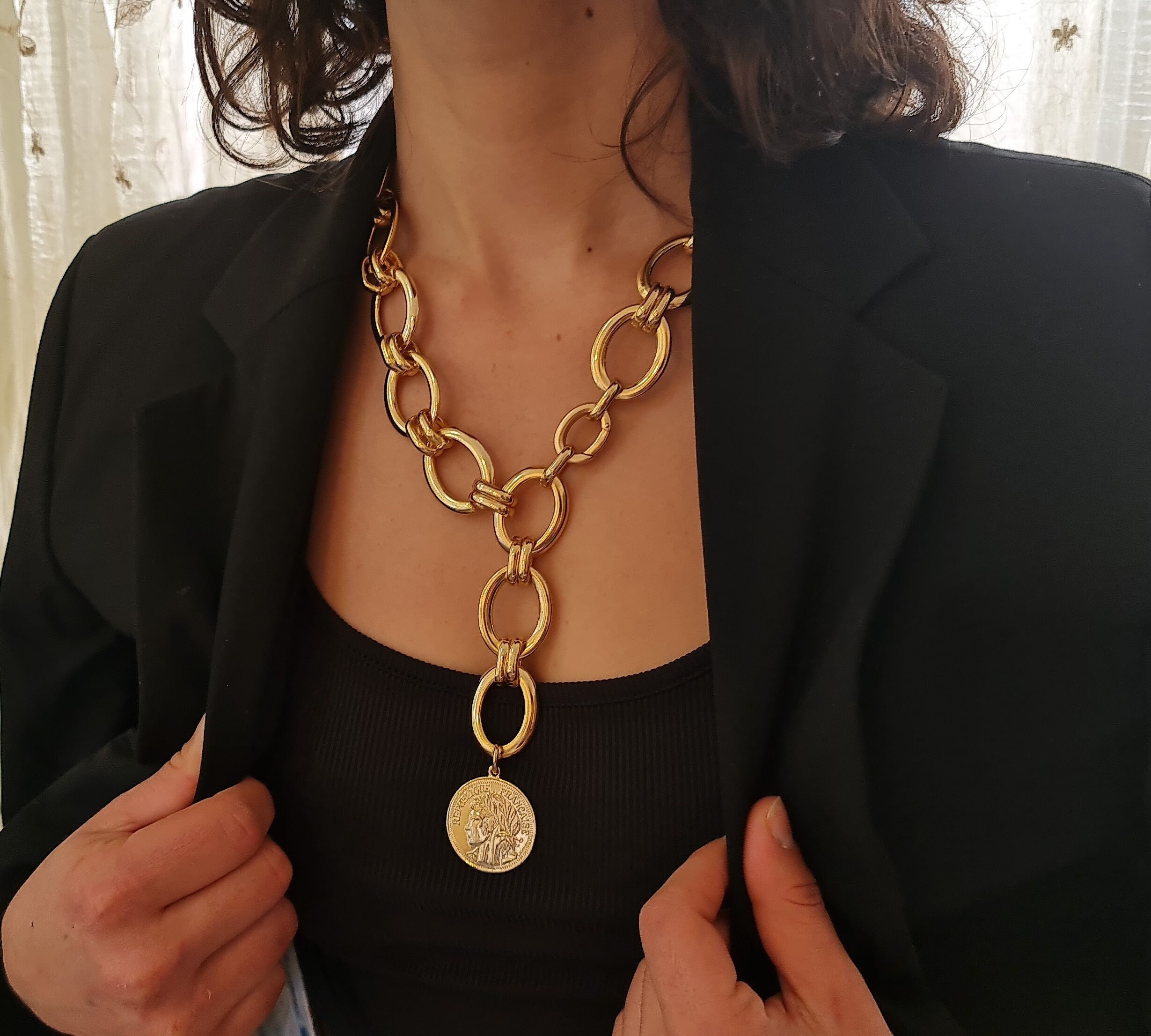 Gold Coin Necklace Lariat Necklace 