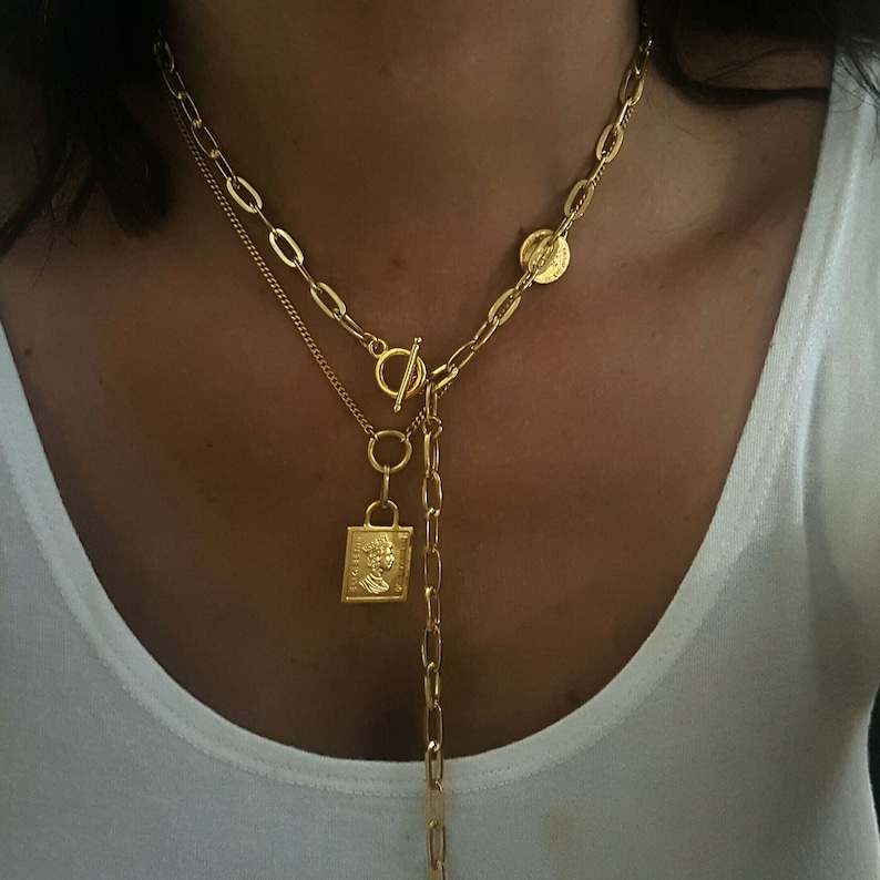 Long drop Paperclip Gold Chain Necklace - Layered Y Lariat & Square Coin Style for Everyday Elegance