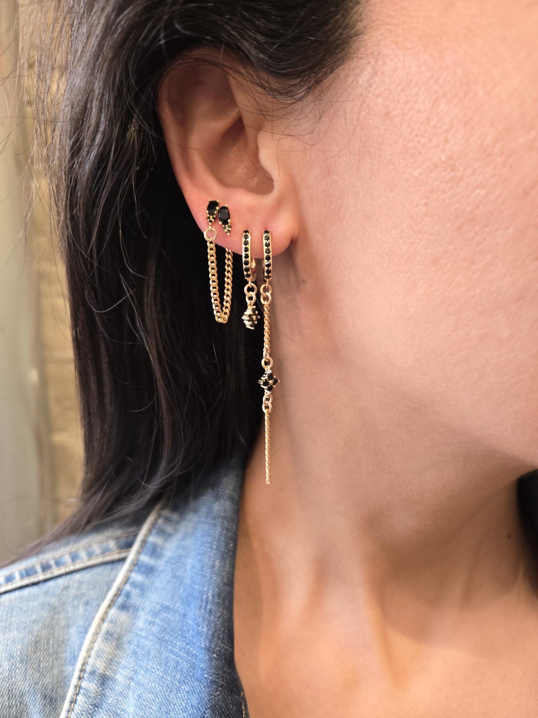 Perfect Earring Stack Huggie Hoops Stack Earrings Set, Black Cz Threader Earrings, Dangle ...