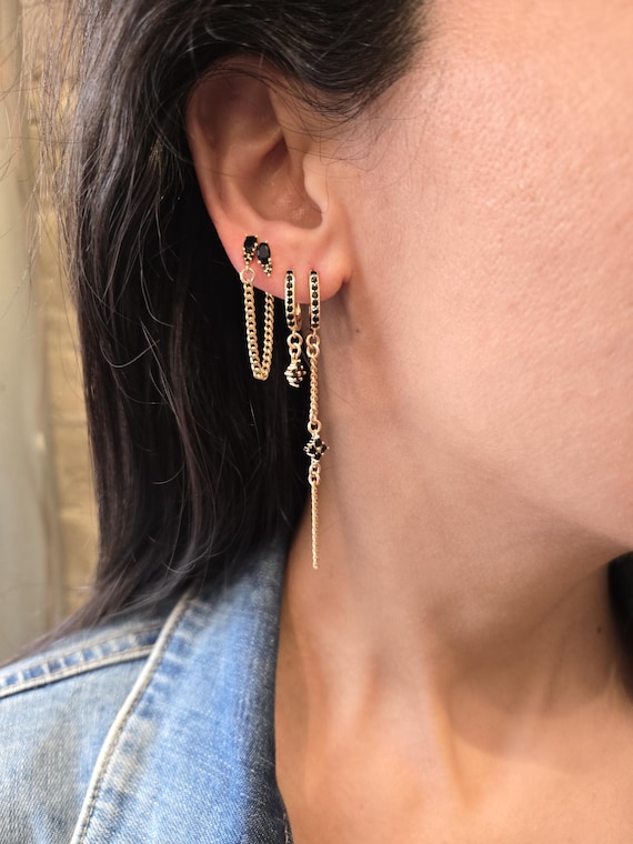 Gold Huggie Hoop Black CZ Dangle Earring Set UK