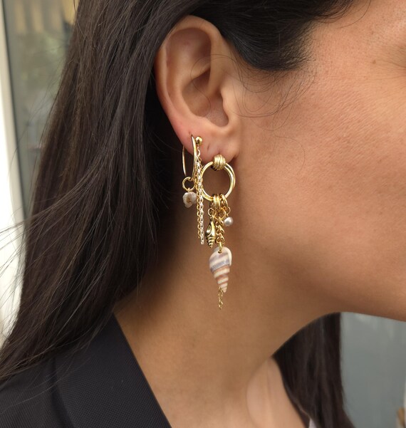 Muscheln Hoop Ohrringe Gestapelt, Gold Chunky Stack Stack Hoop