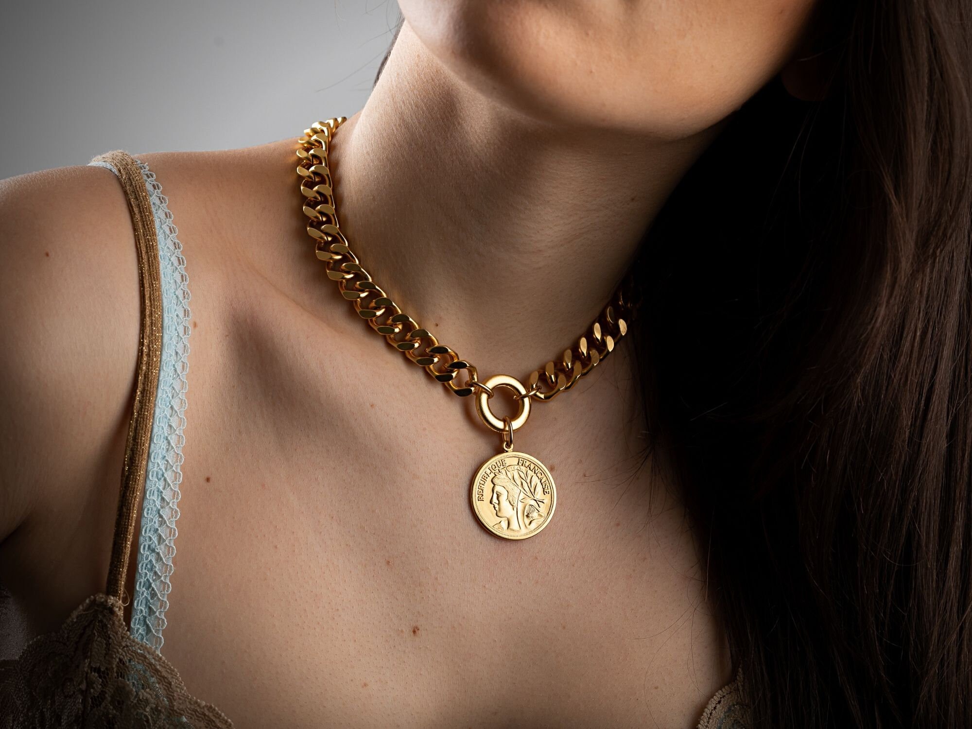 Statement gold coin necklace deals