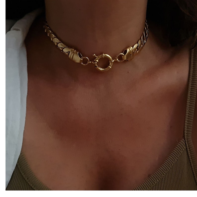 Gold Chain Choker, Chunky Choker Necklace, Thick Snake Necklace, Bold Chain Choker, flat chain necklace, Gold Chain Collar, Gift for wife image 1