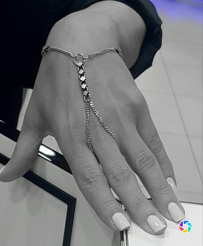 Silver Hand Chain Bracelet Finger Bracelet Layering Etsy