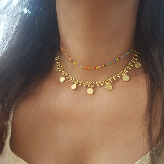 Gold Coins Beaded Necklace Set Multi 