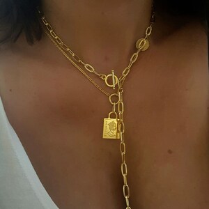 Lariat necklace: Layering paperclip necklace set with square coin pendant - Gift-for-women