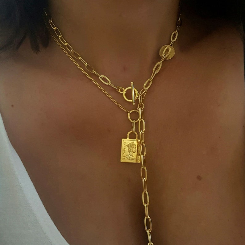 Lariat necklace: Layering paperclip necklace set with square coin pendant - Gift-for-women