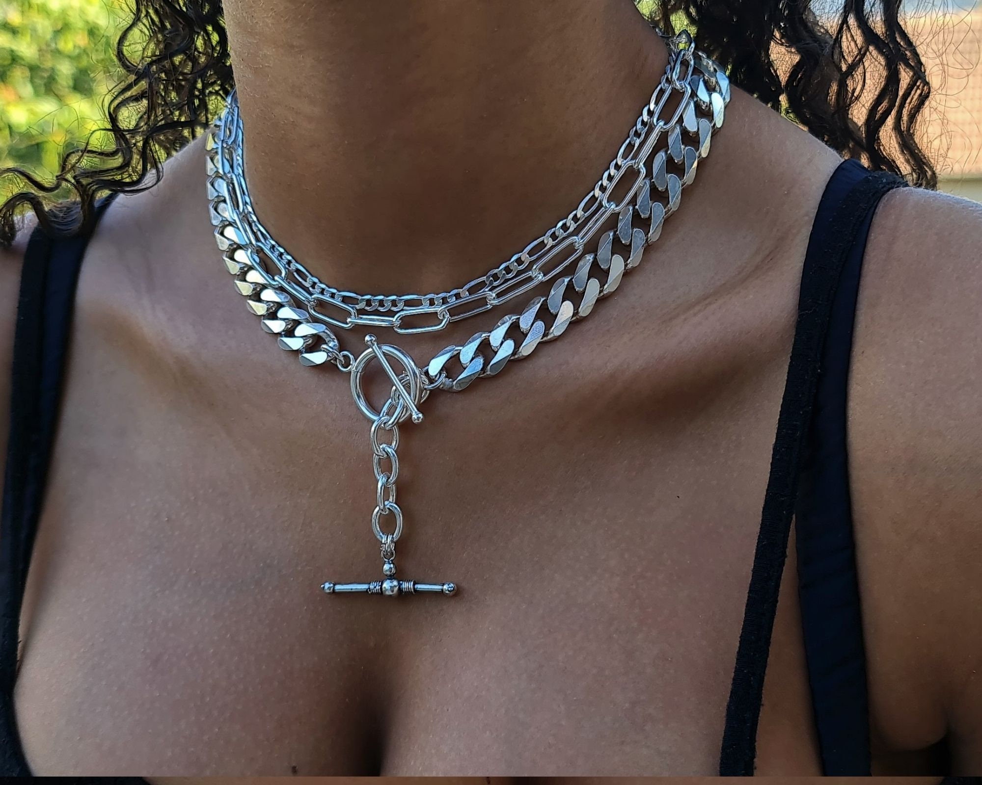 T Bar Necklace, Set of 3 Necklace, Toggle Clasp Necklace, Silver Lariat  Necklace, Layer Link Necklace, Chunky Link Necklace, Sterling Silver - Etsy
