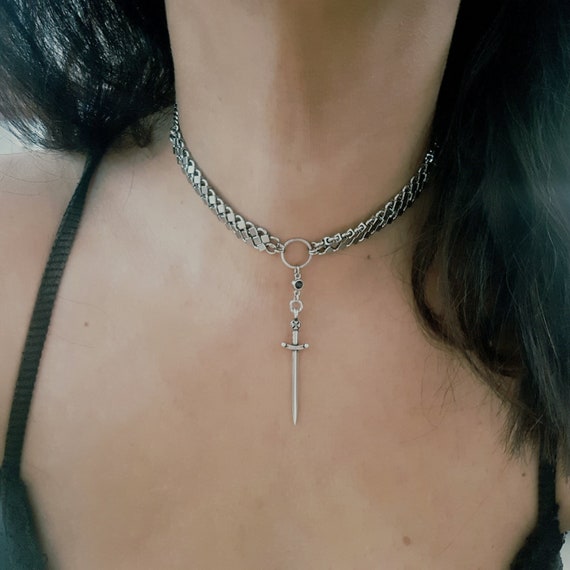 Silver Sword Pendant Necklace, Dagger Necklace, Cross Charm Necklace, Witchy Gothic, Goth, punk, rock Necklace
