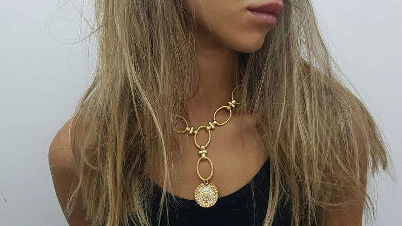 gold statement coin necklace chunky chain lariat coin image 5