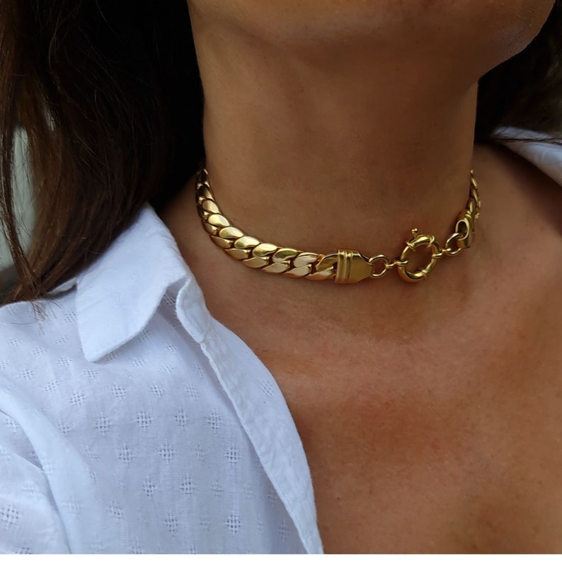 Gold Chain Choker, Chunky Choker Necklace, Thick Snake Necklace, Bold Chain Choker, flat chain necklace, Gold Chain Collar, Gift for wife image 3