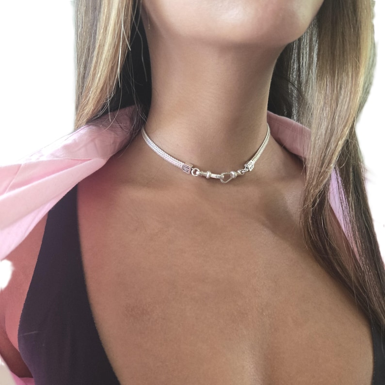 Silver 925 Herringbone Swivel Clasp Choker Collar: Carabiner Locking Collar